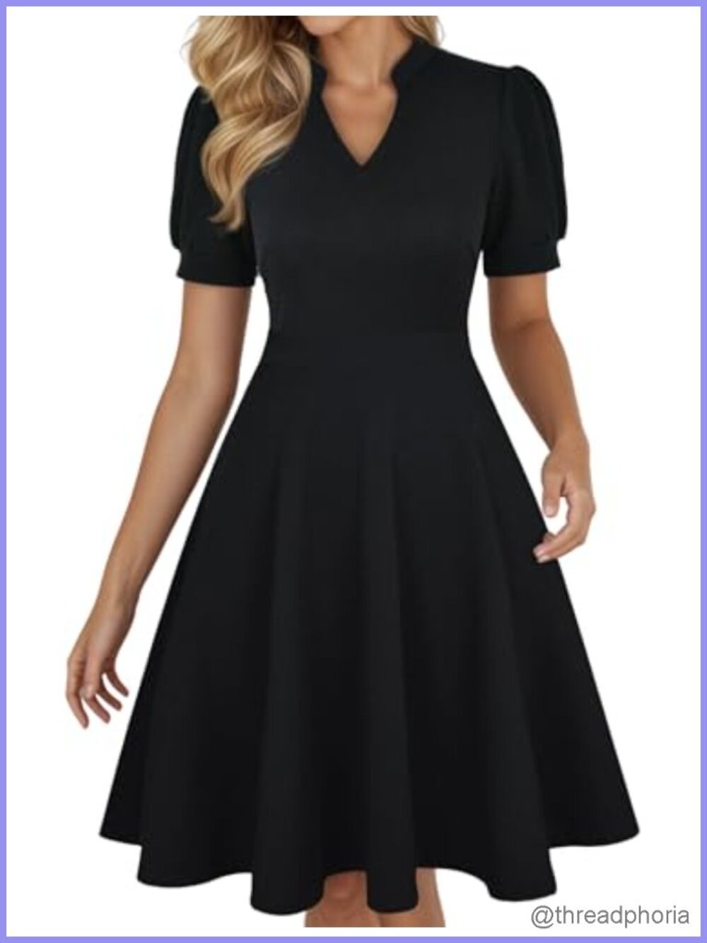 Puff Sleeve V-Neck Fit and Flare Dress with Pockets